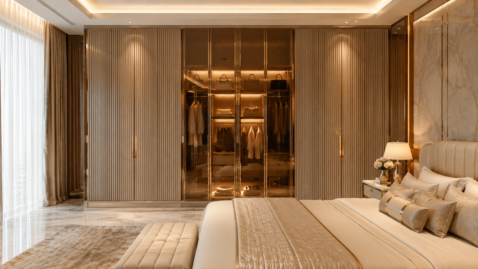 Luxury bedroom wardrobe and storage cabinetry design in Hyderabad home interior